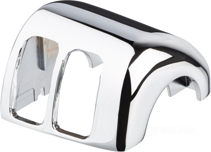 Switch housing; fits Dyna 1996-2006, Softail 1996-2006, Sportster 1996-2006, V-Rod 2002-2007, Touring 1996-2006 (without Audio/Cruise Control); top right; cast aluminum, chrome-plated; gross weight: 100 g