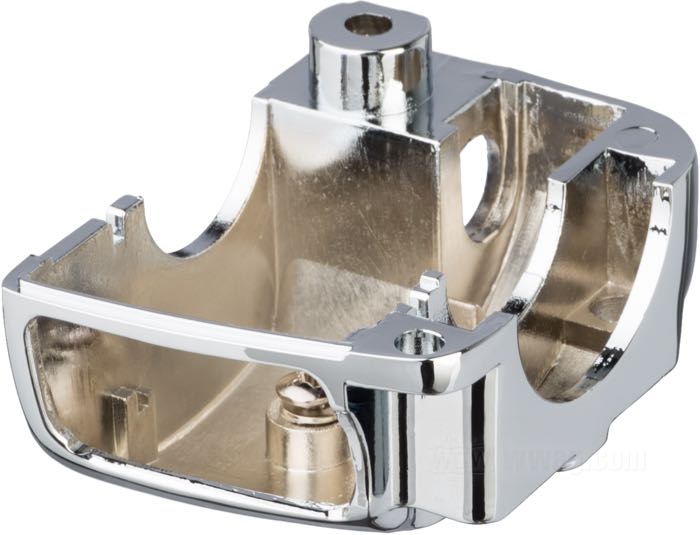 Switch housing; fits Dyna 1996-2006, Softail 1996-2006, Sportster 1996-2006, V-Rod 2002-2007, Touring 1996-2006 (without Audio/Cruise Control); bottom right; cast aluminum, chrome-plated; gross weight: 120 g