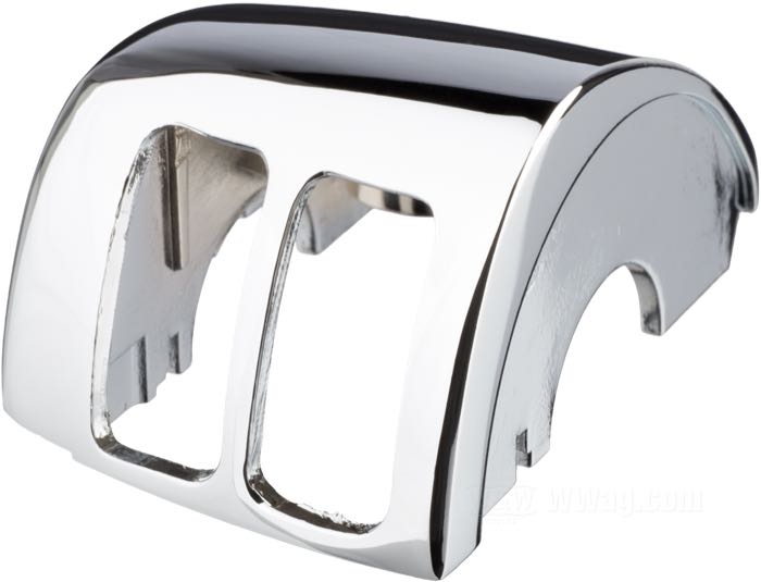 Switch housing; fits Dyna 1996-2006, Softail 1996-2006, Sportster 1996-2006, V-Rod 2002-2007, Touring 1996-2006 (without Audio/Cruise Control); top left; cast aluminum, chrome-plated; gross weight: 100 g