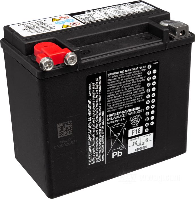 Batterie; passend für alle FXE und FXR, Sportster ab 1979-1996 mit E-Starter, Softail 1984-1990, Buell S2; B x H x T: 175 x 155 x 100 mm; 12 V; 19 Ah; Kaltstartstrom (SAE): 330 A; Polanschlüsse: M6 (Schrauben im Lieferumfang); ersetzt OEM HD 65991-82, 65991-75 und 66000209; USA; Bruttogewicht: 7.5 kg