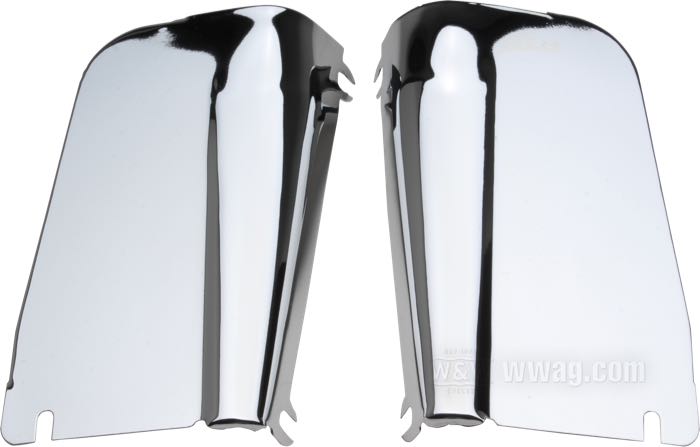Coperchi; per Forcella idraulica; atto per Hydra Glide 1955-1959; 3 pezzi; acciaio inox, lucidato; rimpiazza OEM HD 46273-49A, 46283-49, 46281-49 e 45740-49; peso lordo: 790 g