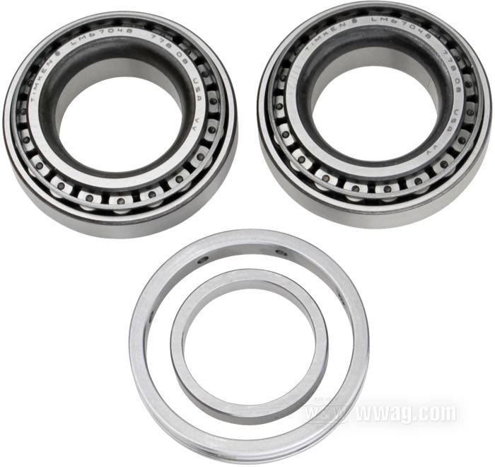 Kit di cuscinetti conici di Timken; atto per Big Twin 1955-1968; acciaio; Punto installazione: sinistro; Ø int. x Ø est.: 31.7 x 59.2 mm, spessore: 17 mm; classe di tolleranza: RBEC 1; rimpiazza OEM HD 9029; peso lordo: 430 g