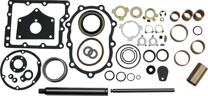 Kit di riparazione di Jims; atto per Big Twin 4 marce 1936-inizi ‘76; acciaio / acciaio per molle / carta / ottone rosso / gomma; peso lordo: 1.1 kg