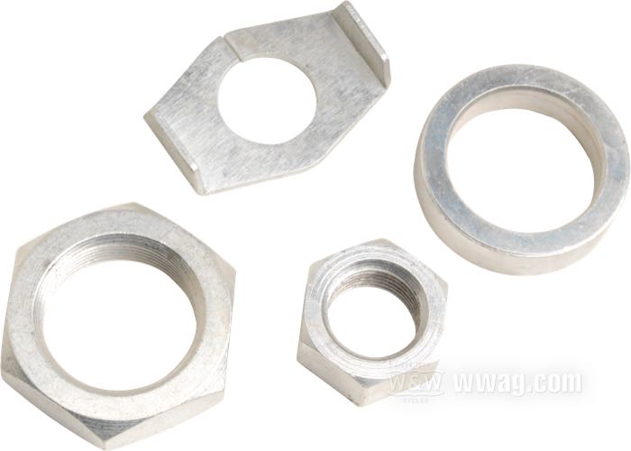 Axle nut kit; fits Big Twin 1930-1972; steel, CAD (ZnNi process), with lockwasher, spacer and axle sleeve nut; thread: 5/8”-18 / 1”-20; position: rear; replaces OEM HD 8095, 41596-30, 7980, and 41603-32; gross weight: 120 g