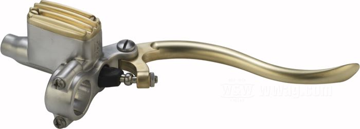 Hand brake master cylinder »Deluxe« by Kustom Tech; brass / aluminum, satin finish; thread: M10 x 1.0; for handlebar Ø: 1 ”; piston Ø: 12 mm; required brake fluid: DOT 4 or 5; Italy; gross weight: 460 g