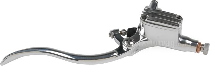 Hand brake master cylinder »Deluxe« by Kustom Tech; aluminum, polished; thread: M10 x 1.0; for handlebar Ø: 1 ”; piston Ø: 14 mm; required brake fluid: DOT 4 or 5; Italy; gross weight: 320 g