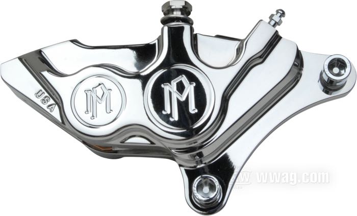 Pinza de freno de Performance Machine; apropiado para Harley-Davidson models 1984-1999 / modelos con horquilla telescópica 1984-1999 (lado der.) side y FLSTS 1988-2007 lado izq.; aluminio macizo, cromado, distancia de los agujeros de montaje: 87 mm (centro a centro); posición: delantero; posición: derecho; Ø pistón hidráulico: 1-1/8” (28.58 mm) + 1-3/8” (34.93 mm); líquido de freno preciso: DOT 4 o 5; para disco: 11.5 ”; certificado; EE. UU.; peso bruto: 1.1 kg