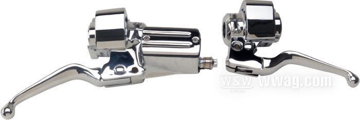 Commandes de guidon; pour monodisque; adaptable à FX, FXR, FXLR, Sportster, Dyna et Softail 1984-1995; alu coulé, chromé; Ø piston hydraulique: 5/8” (15.8 mm); liquide de frein obligatoire: DOT 5; poids brut: 1.8 kg