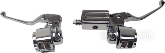 Commandes de guidon; pour monodisque; adaptable à FX, FXR, FXLR, Sportster, Dyna et Softail 1984-1995; alu coulé, chromé; Ø piston hydraulique: 5/8” (15.8 mm); liquide de frein obligatoire: DOT 5; poids brut: 1.8 kg
