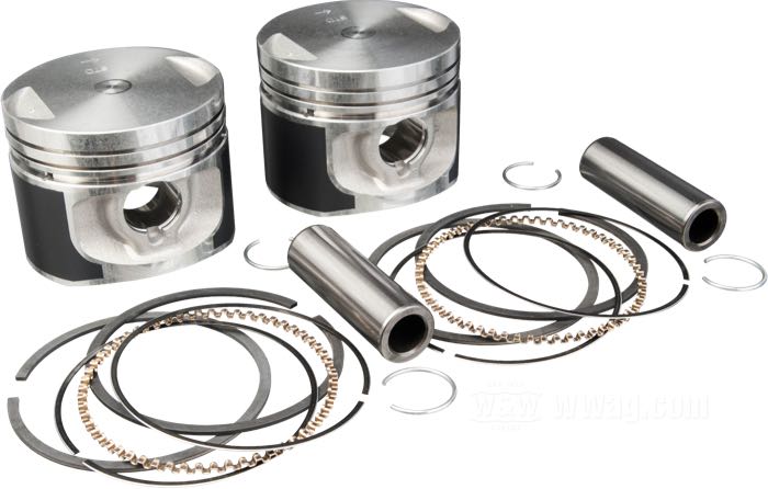 Pistones; apropiado para Sportster 883 cc Evolution 1986-2003; aluminio; diámetro nominal: 3 ”; compresión: 9:1; con segmentos, bulones y segurillos