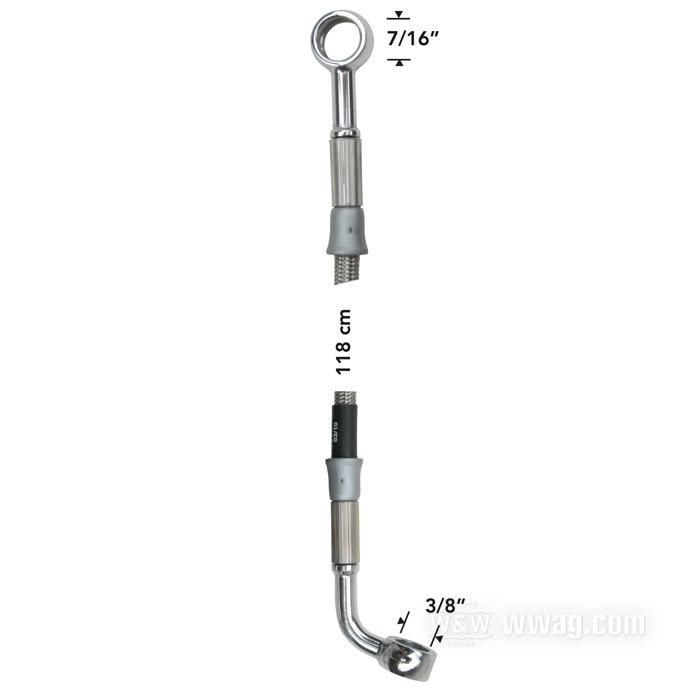 Brake line kit by Goodridge; fits FXDWG 1993-2005; stainless steel / PTFE liner, braided steel, banjo 7/16” → banjo 3/8” 70°; length: 118 cm; position: front; with parts certificate; gross weight: 200 g