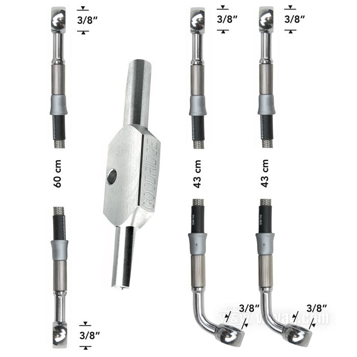 Brake line kit by Goodridge; fits FLHR 1994-2007; 60 cm + 2 x 43 cm; stainless steel / PTFE liner, braided clear coat, top-line: banjos 3/8” + 3/8”, lower lines: banjos 3/8” + 3/8” 70°, with special aluminum T; position: front; with parts certificate; gross weight: 490 g