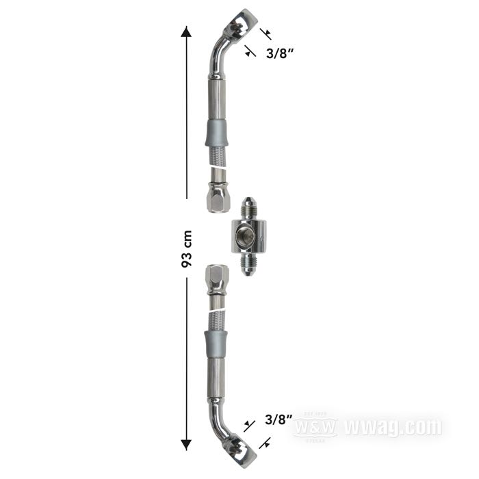 Brake line kit by Goodridge; fits FXST 1984-1995; stainless steel / PTFE liner, braided clear coat, with T connector for brake-light switch; length: 93 cm; position: rear; with 2 x banjo 3/8” 45°; with parts certificate; gross weight: 320 g