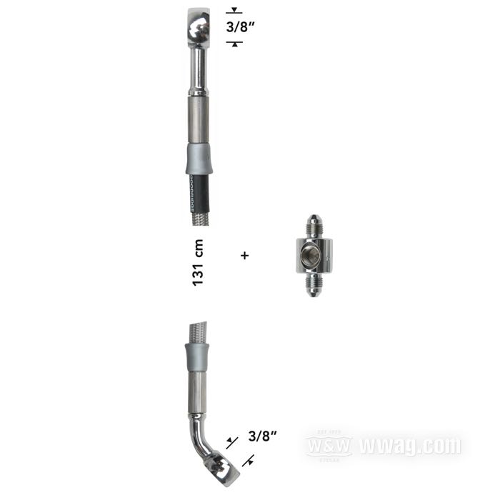 Brake line kit by Goodridge; fits FLST 1986-1999; stainless steel / PTFE liner, braided steel, banjo 3/8” 0° → banjo 3/8” 45°, with T connector for brake-light switch; length: 131 cm; position: rear; with parts certificate; gross weight: 320 g