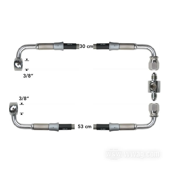 Brake line kit by Goodridge; fits FLHR 1994-1996; 30 cm + 53 cm; stainless steel / PTFE liner, braided clear coat, two lines with 3/8” 90° banjo, with T connector for brake-light switch; position: rear; with parts certificate; gross weight: 330 g