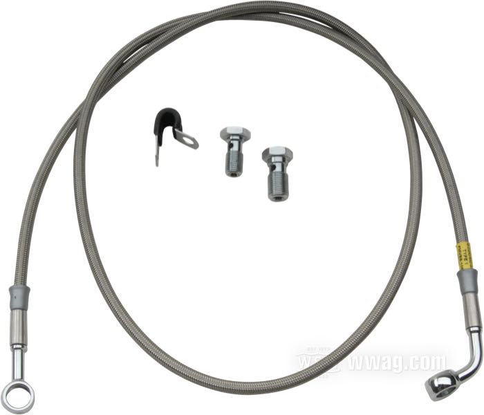 Brake line kit by Goodridge; fits FXR 1987-1994; banjo 7/16” → banjo 3/8” 70°; stainless steel / PTFE liner, braided steel; length: 117 cm; position: front; with parts certificate; gross weight: 240 g