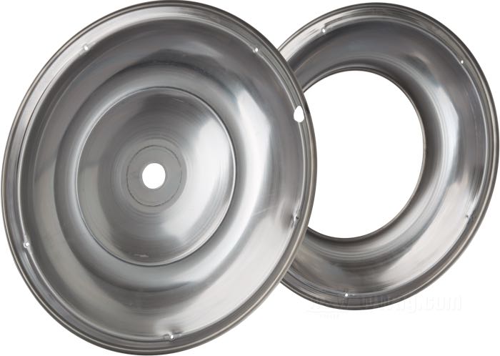 Wheel covers by Hammer Sycle; for 16” wheels with star hubs (→1966) or Big Twin hubs 1967-1972; stainless steel, bare, ID brake drum side: 220 mm; outer Ø: 395 mm; Japan; gross weight: 2.27 kg