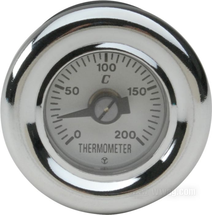 Indicatore temperatura olio; per serbatoi originali e d’accessorio con bocchettone laterale; atto per Softail 2000-2017 (ecc. Rocker (C), Breakout e FXSTSSE3); acciaio / gomma / vetro acrilico, cromato, scala Celsius; quadrante: bianco; lunghezza asta (M): 72 mm; rimpiazza OEM HD 62845-00; peso lordo: 80 g