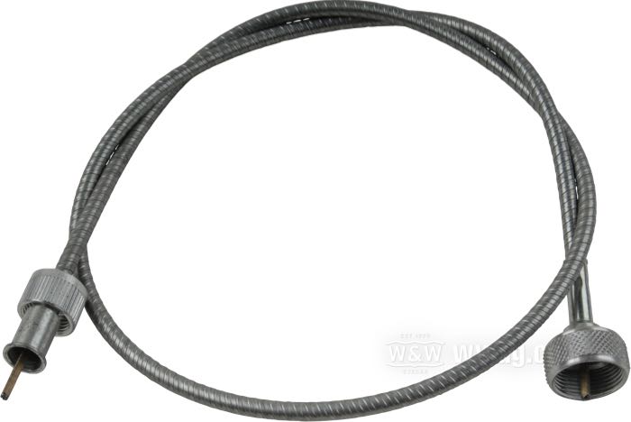Cavo tachimetro di Barnett; per azionamento per trasmissione; per Tachimetri Fat Bob 1962→; atto per FL 1937-1980, FXWG 1980-1983, FX 1971-1972; acciaio, zincato; Ø 6 mm; lunghezza guaina: 89 cm; connessione al rinvio: dado 7/8”-18; connessione allo strumento: dado 5/8”-18; rimpiazza OEM HD 67026-62 e 67038-84; U.S.A.; peso lordo: 150 g