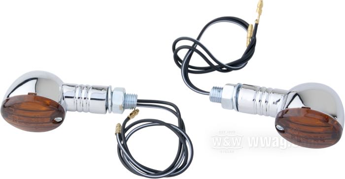 Pareja de intermitentes »Micro Flash«; plástico, cromado; largo x ancho: 60 x 30 mm; tipo de bombilla: H21W; lente: ahumado; rosca: M10; 12 V; casquillo: BAY9s; halogen; con bombilla; homologado E11; China; peso bruto: 120 g