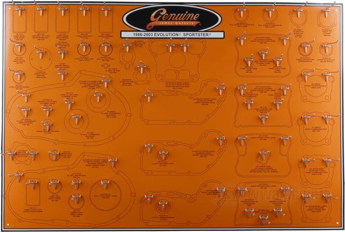Display by James Gaskets; for Gaskets; fits Sportster 1986-2003; vinyl, orange; width x height: 122 x 81 cm; gross weight: 2.92 kg