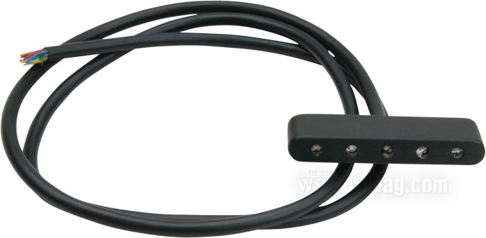 Unité de voyants de contrôle »Motosign Mini« de motogadget; avec 5 LEDs; alu billet, anodisé noir; L x L x P: 46 x 7 x 13 mm; filetage: M3 x 0.5; 12 V; avec cable de raccord de 50 cm; Allemagne; poids brut: 30 g