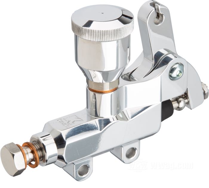 Maître-cylindre frein de Kustom Tech; contrôlé par câble; avec réservoir installé fixe; alu billet, poli, istance trous de montage: 30 mm, banjo de 10 mm; L x H x P: 120 x 85 x 30 mm; Ø piston hydraulique: 14 mm; liquide de frein obligatoire: DOT 4 ou 5; filetage: M10 x 1.0; Italie; poids brut: 240 g