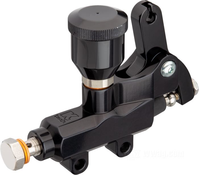 Brake master cylinder by Kustom Tech; cable-operated; with fixed reservoir; billet aluminum, black anodized, mounting hole distance 30 mm, banjo Ø 10 mm; L x H x D: 120 x 85 x 30 mm; piston Ø: 14 mm; required brake fluid: DOT 4 or 5; thread: M10 x 1.0; Italy; gross weight: 240 g