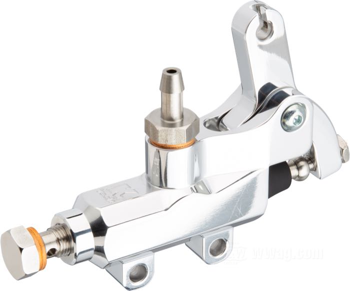 Brake master cylinder by Kustom Tech; cable-operated; for remote reservoir; billet aluminum, polished, mounting hole distance 30 mm, banjo Ø 10 mm; L x H x D: 120 x 85 x 30 mm; piston Ø: 14 mm; required brake fluid: DOT 4 or 5; thread: M10 x 1.0; Italy; gross weight: 220 g