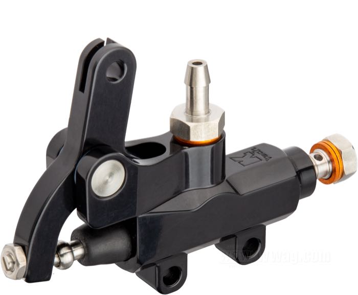 Brake master cylinder by Kustom Tech; cable-operated; for remote reservoir; billet aluminum, black anodized, mounting hole distance 30 mm, banjo Ø 10 mm; L x H x D: 120 x 85 x 30 mm; piston Ø: 14 mm; required brake fluid: DOT 4 or 5; thread: M10 x 1.0; Italy; gross weight: 210 g