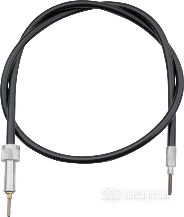 Cavo tachimetro di Barnett; per Ruota anteriore; atto per FLH 1981-1984, FLST/C, FLSTF, FLHS, FLT/C/U 1987-1995; lunghezza originale; acciaio / vinile, vinile nero; Ø 7.4 mm; lunghezza guaina: 89 cm; connessione al rinvio: filettatura 1/4”-20; connessione allo strumento: dado M12 x 1.0; rimpiazza OEM HD 67079-86A, 67026-81 e 67072-87B; U.S.A.; peso lordo: 150 g