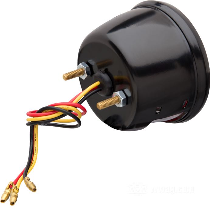 Taillight »Stop«; steel, black, chromed “Stop” lens grill; depth: 48 mm; Ø 68 mm; bulb type: LED; 12 V; with LED; without mounting block; with stop light; with license illumination; E4 approved; gross weight: 150 g