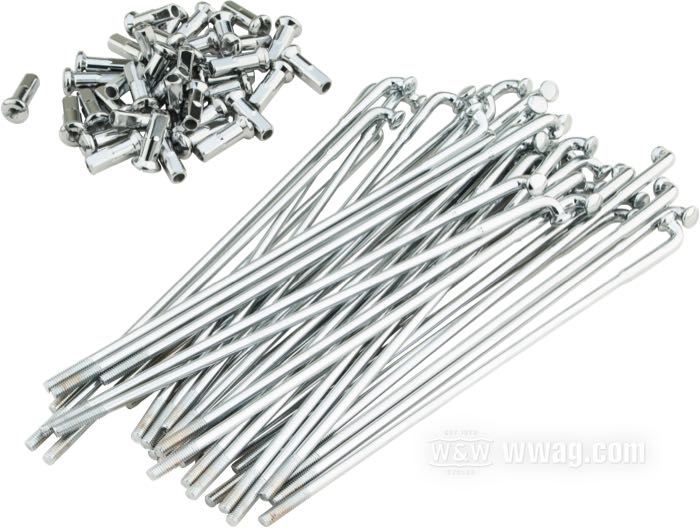 Speichensatz; Stahl, verchromt; Länge L1: 186 mm; Durchmesser D1: 5 mm; Durchmesser D2: 4 mm; Winkel α: 104 °; Gewinde: 8G-32; für breite Radnabe; für 17