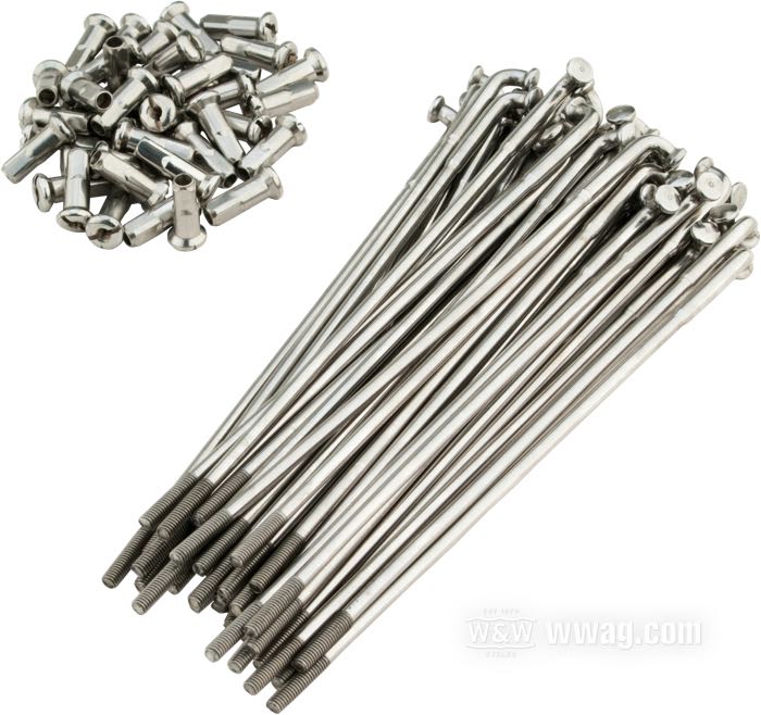 Speichensatz; Edelstahl, poliert; Länge L1: 188 mm; Durchmesser D1: 5 mm; Durchmesser D2: 4 mm; Winkel α: 95 °; Gewinde: 8G-32; für breite Radnabe; für 17