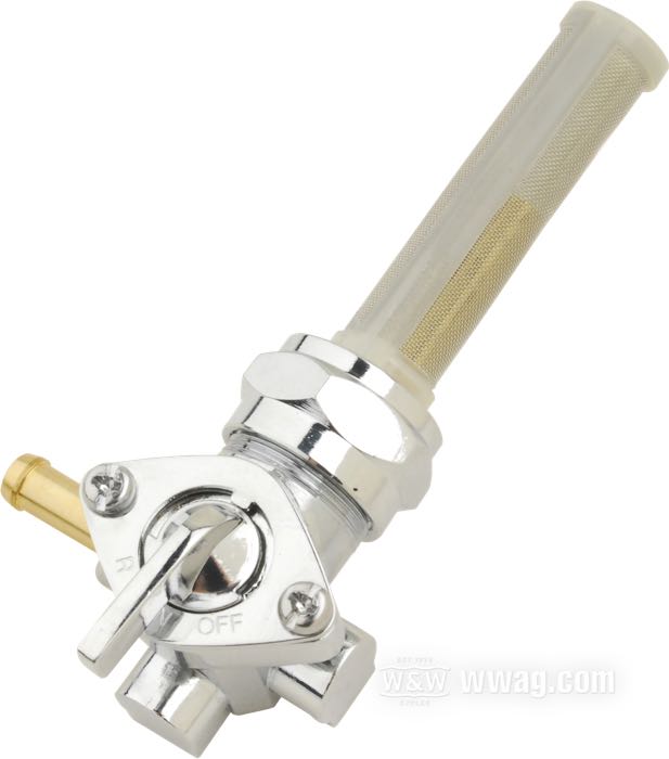 Robinet d’essence; zinc coulé sous pression, chromé, avec réserve; position du raccord: 90° (→ gauche); tubulure d'éssence: 1/4”; filetage: M22 x 1; poids brut: 160 g