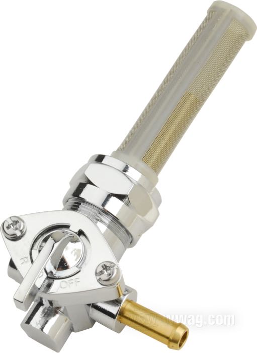 Robinet d’essence; zinc coulé sous pression, chromé, avec réserve; position du raccord: 90° (→ droite); tubulure d'éssence: 1/4”; filetage: M22 x 1; poids brut: 160 g