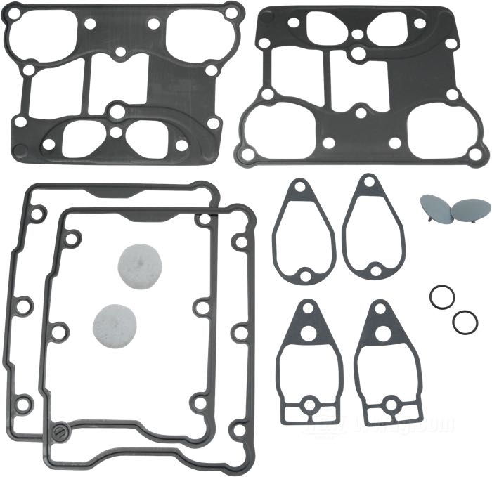 Gasket kit by Cometic Gasket; for Rocker housings; fits Twin Cam 1999→; paper / rubber / steel; replaces OEM HD 17386-99, 16719-99, 17591-99, 17592-99, and 26858-99; gross weight: 500 g