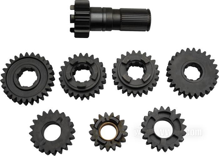 4-speed gear set by Andrews; fits Sportster 1984-1990; steel; replaces OEM HD 37448-84, 35296-56, 35305-56, 35277-52, 35695-58, 35695-87, 35750-58, 35709-54, and 35760-84; gross weight: 3.1 kg