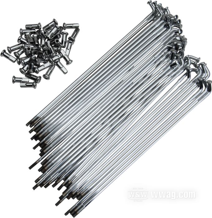 Set di raggi; acciaio, cromato; lunghezza L1: 244 mm; diametro D1: 5 mm; diametro D2: 4 mm; angolo α: 104 °; filettatura: 8G-32; per mozzo stretto anteriore; per cerchi a canale profondo e Morad 21”; 80 pezzi; con nippli Ø 7.2 mm; peso lordo: 1.36 kg