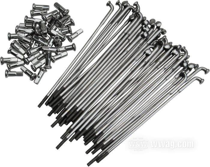 Set di raggi; acciaio inox, lucidato; lunghezza L1: 161 mm; diametro D1: 5 mm; diametro D2: 4 mm; angolo α: 104 °; filettatura: 8G-32; per mozzo largo; per cerchi a canale profondo 15