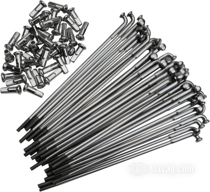 Speichensatz; Edelstahl, poliert; Länge L1: 171 mm; Durchmesser D1: 5 mm; Durchmesser D2: 4 mm; Winkel α: 95 °; Gewinde: 8G-32; für breite Radnabe; für 16