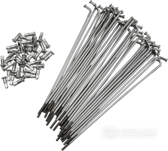 Set di raggi; acciaio inox, lucidato; lunghezza L1: 244 mm; diametro D1: 5 mm; diametro D2: 4 mm; angolo α: 104 °; filettatura: 8G-32; per mozzo stretto anteriore; per cerchi a canale profondo e Morad 21”; 80 pezzi; con nippli Ø 7.2 mm; peso lordo: 1.33 kg