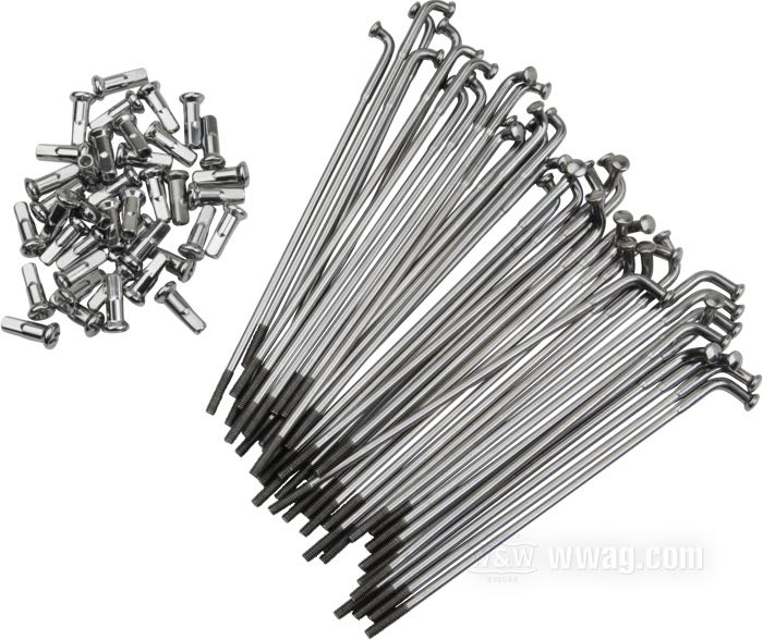 Set di raggi; acciaio inox, lucidato; lunghezza L1: 170 mm; diametro D1: 5 mm; diametro D2: 4 mm; angolo α: 104 °; filettatura: 8G-32; per mozzo stretto anteriore; per cerchi a canale profondo 16