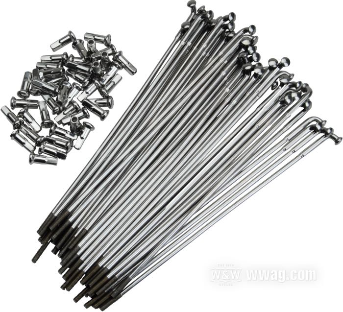 Set di raggi; acciaio inox, lucidato; lunghezza L1: 220; diametro D1: 5 mm; diametro D2: 4 mm; angolo α: 104 °; filettatura: 8G-32; per mozzo largo; per cerchi a canale semi-profondo 19