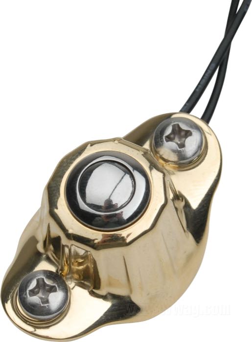 Button switch unit »Deluxe« by Kustom Tech; for Horn / Turn signal / Starter motor; for 1” handlebars; with single button switch; brass, polished; with two leads; Italy; gross weight: 80 g
