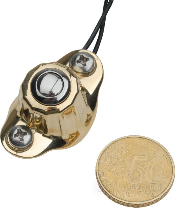 Button switch unit »Deluxe« by Kustom Tech; for Horn / Turn signal / Starter motor; for 1” handlebars; with single button switch; brass, polished; with two leads; Italy; gross weight: 80 g