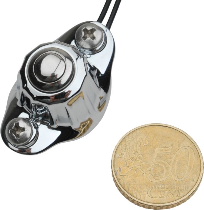 Tasterarmatur »Deluxe« von Kustom Tech; für Hupe / Blinker (einzeln) / Startermotor; für 1” Lenker; mit einem Taster; Messing, verchromt; mit zwei Kabeln; Italien; Bruttogewicht: 80 g