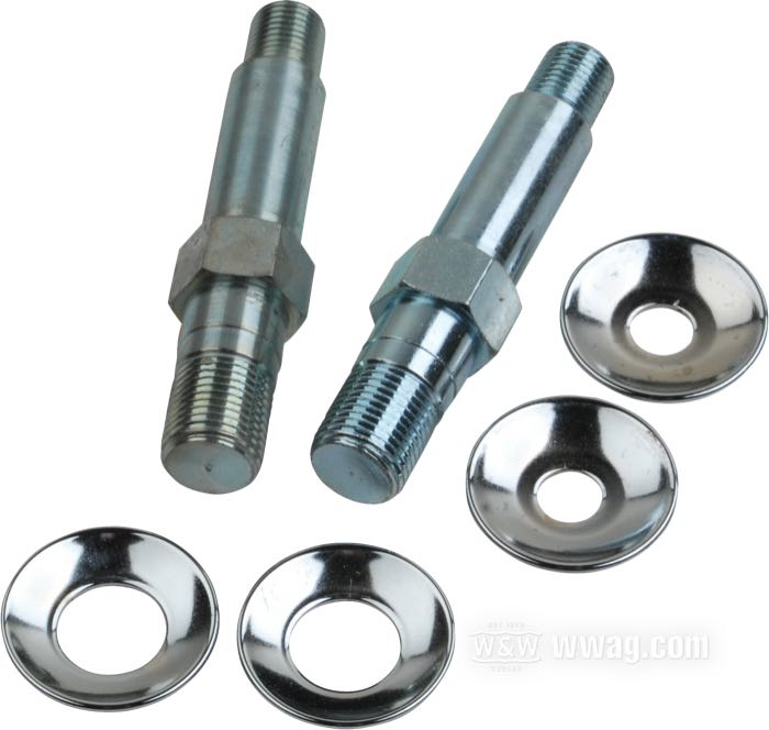 Jeu de goujons filetés; pour Amortisseurs; adaptable à K-Model, Sportster 1956-1974; inférieur; acier, zingué; longueur: 93 mm; filetage: 1/2”-20 / 5/8”-18; trou de montage dans le châssis: 16.5 mm; oeillet de l'amortisseur: 16 mm; avec 2 goujons, 4 rondelles chromées; remplace OEM HD 54516-72; poids brut: 320 g