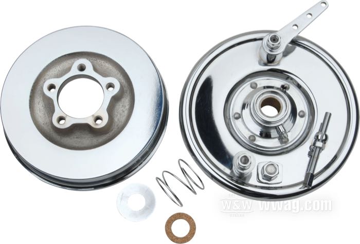 Kit freno a tamburo di Samwel Supplies; atto per Knucklehead 1936, Big Twin 1937-1948, Servi-Car 1941-1957, WLC; acciaio, cromato; con tamburo, portafreno, ganasce, kit guarnizioni; rimpiazza OEM HD 44113-36, 44146-41, 44402-36, 44265-36 e 44449-36; Europa; peso lordo: 4.42 kg