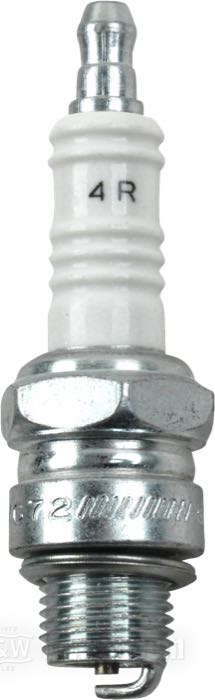 Spark plug »OEM«; fits Big Twin 1948-1974, KH+XL  1954-1978; steel / ceramic; thread: M14 x 1.25; thread length: 7/16 ”; wrench size: 13/16 ”; manufacturer-code: 4R; replaces OEM HD 32307-58, 31629-78, and 32336-04; Mexico; gross weight: 13 g